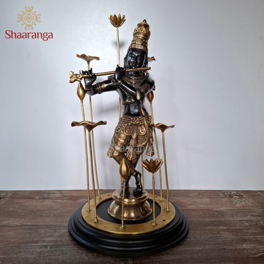 25.5 Inches  Brass Krishna in Black & Gold Finish with Lotus Sculpture Base