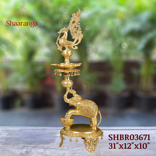30 Inches Brass Elephant Lamp with Peacock