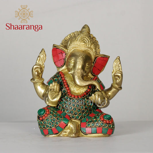 7 Inches Brass Ganesha Idol with stone work