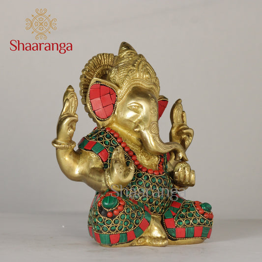 7 Inches Brass Ganesha Idol with stone work