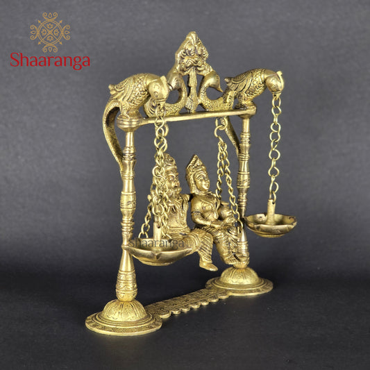 9 Inches Brass Radha Krishna Jhula with Diya