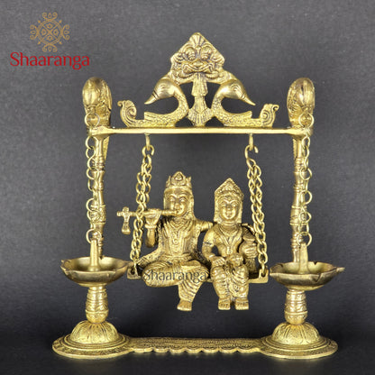 9 Inches Brass Radha Krishna Jhula with Diya