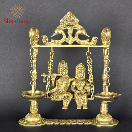 9 Inches Brass Radha Krishna Jhula with Diya