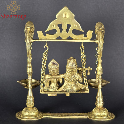 9 Inches Brass Radha Krishna Jhula with Diya