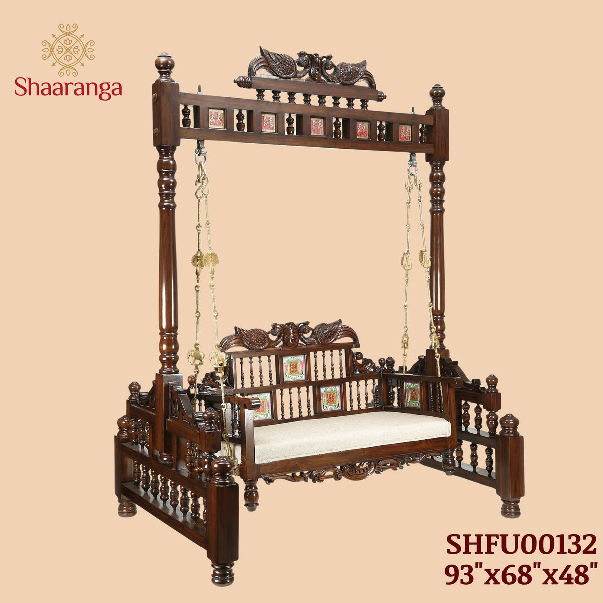 Padmini Teakwood Swing (Jhoola) in Walnut Finish adorned with Oriental Carvings and Tribal Artwork
