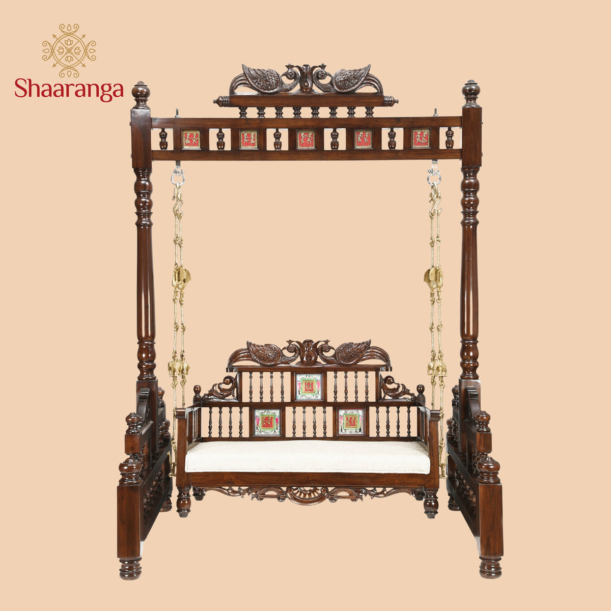 Padmini Teakwood Swing (Jhoola) in Walnut Finish adorned with Oriental Carvings and Tribal Artwork