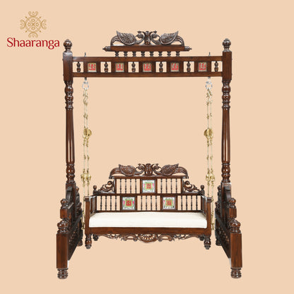 Padmini Teakwood Swing (Jhoola) in Walnut Finish adorned with Oriental Carvings and Tribal Artwork