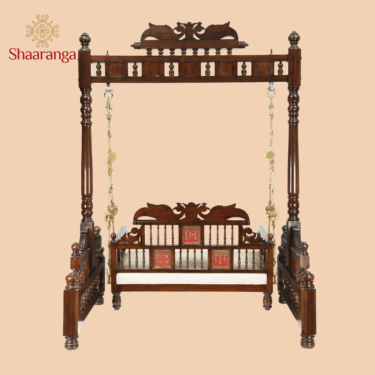 Padmini Teakwood Swing (Jhoola) in Walnut Finish adorned with Oriental Carvings and Tribal Artwork