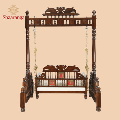 Padmini Teakwood Swing (Jhoola) in Walnut Finish adorned with Oriental Carvings and Tribal Artwork