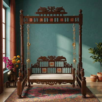 Padmini Teakwood Swing (Jhoola) in Walnut Finish adorned with Oriental Carvings and Tribal Artwork