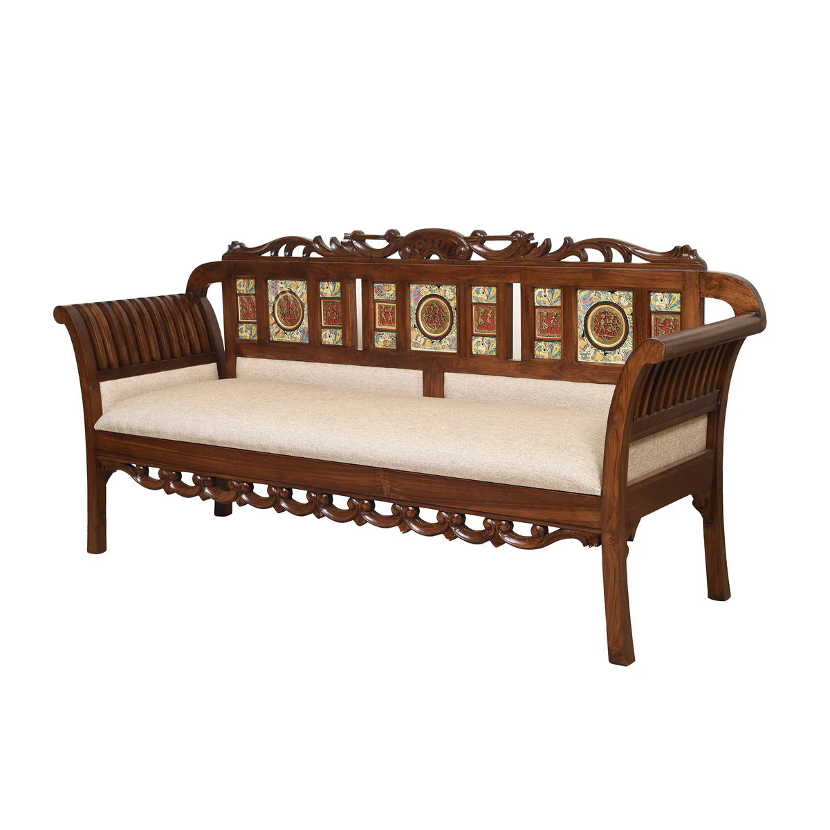 Alpha-I Three Seater Sofa with Cushioned Seat and Designer Back Rest in Walnut Colour (69x22x35)