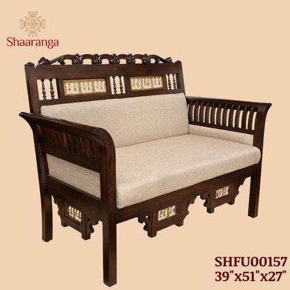 Maharaja Double Seater Sofa in Teakwood with Walnut Finish adorned with Dhokra Brass Frames (39x51x27)