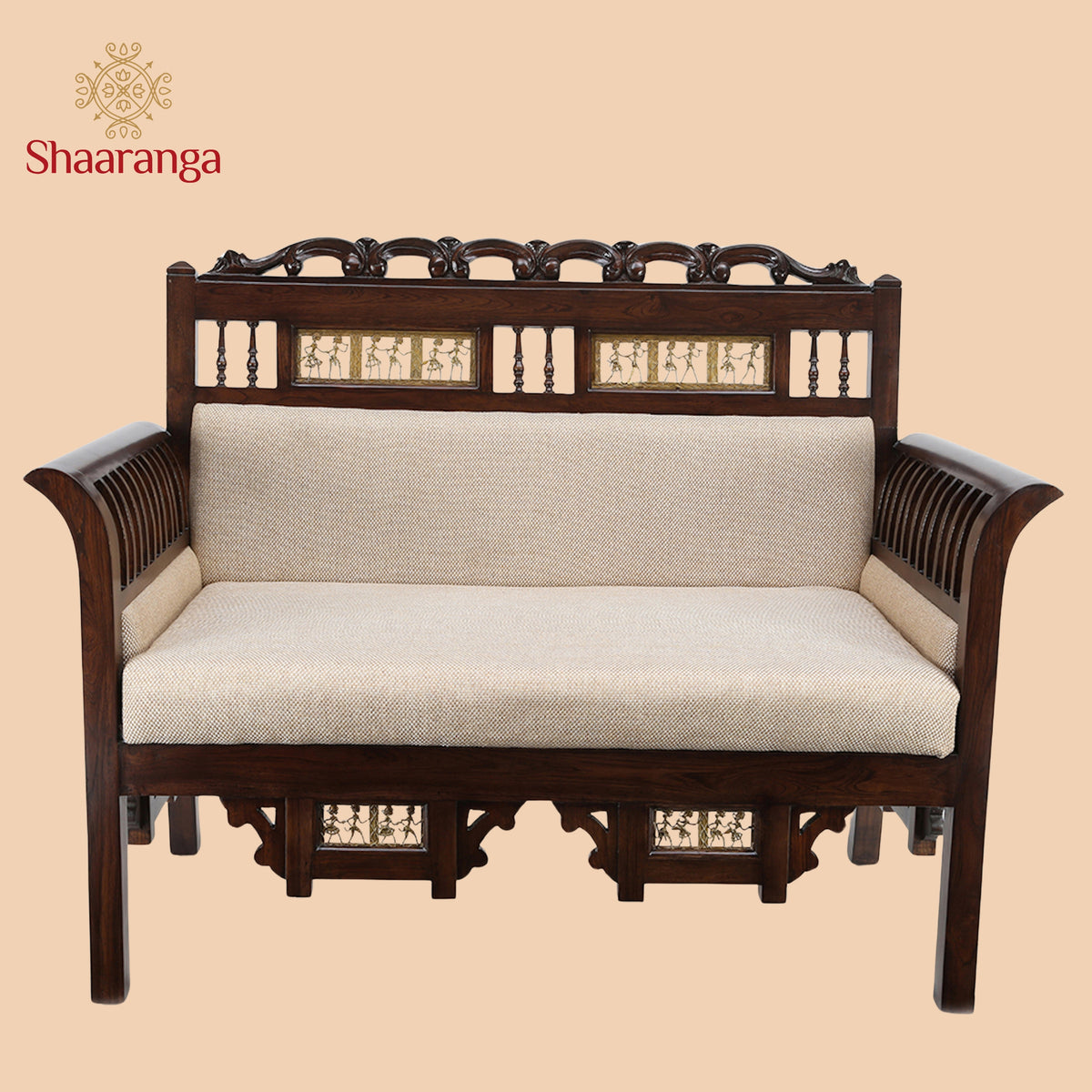 Maharaja Double Seater Sofa in Teakwood with Walnut Finish adorned with Dhokra Brass Frames (39x51x27)