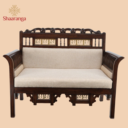 Maharaja Double Seater Sofa in Teakwood with Walnut Finish adorned with Dhokra Brass Frames (39x51x27)