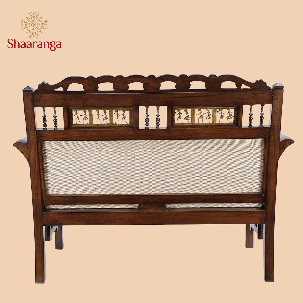 Maharaja Double Seater Sofa in Teakwood with Walnut Finish adorned with Dhokra Brass Frames (39x51x27)