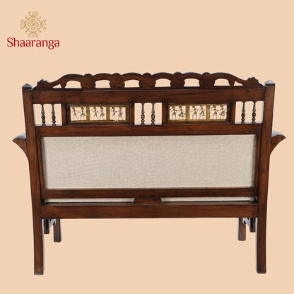 Maharaja Double Seater Sofa in Teakwood with Walnut Finish adorned with Dhokra Brass Frames (39x51x27)