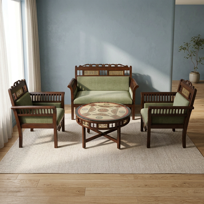 Maharaja Double Seater Sofa in Teakwood with Walnut Finish adorned with Dhokra Brass Frames (39x51x27)