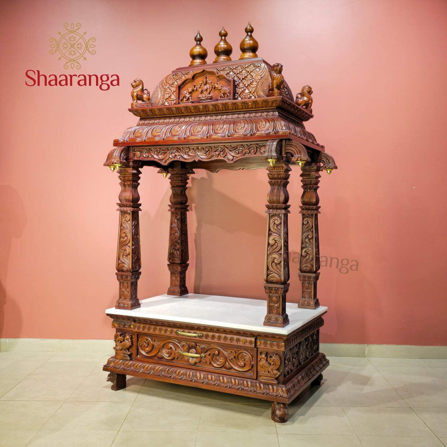 66 Inches Teak wood Pooja Mandir - Southern Temple Style