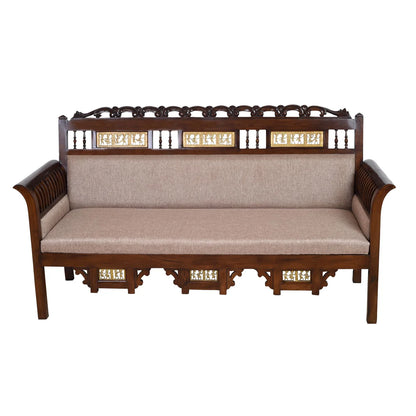 Maharaja Three Seater Sofa in Teakwood with Walnut Finish adorned with Dhokra Brass Frames