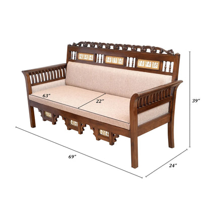 Maharaja Three Seater Sofa in Teakwood with Walnut Finish adorned with Dhokra Brass Frames