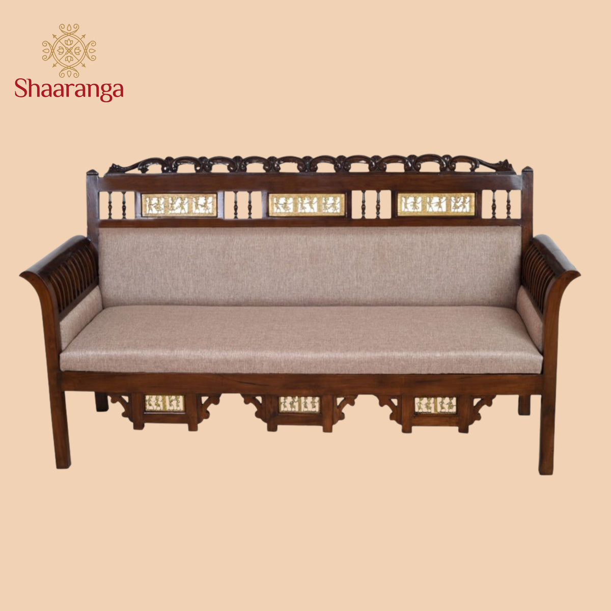 Maharaja Three Seater Sofa in Teakwood with Walnut Finish adorned with Dhokra Brass Frames(39x69x27)