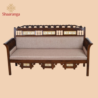 Maharaja Three Seater Sofa in Teakwood with Walnut Finish adorned with Dhokra Brass Frames(39x69x27)