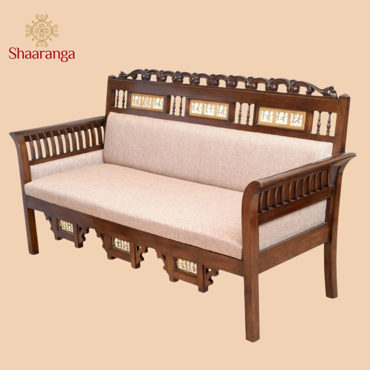 Maharaja Three Seater Sofa in Teakwood with Walnut Finish adorned with Dhokra Brass Frames(39x69x27)