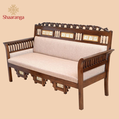 Maharaja Three Seater Sofa in Teakwood with Walnut Finish adorned with Dhokra Brass Frames(39x69x27)