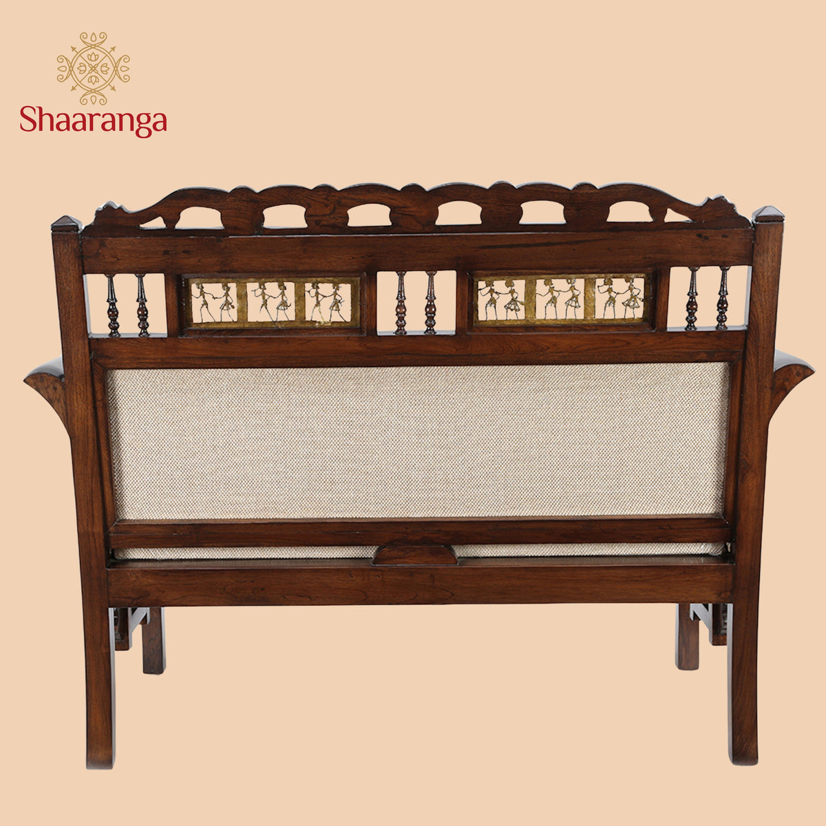 Maharaja Three Seater Sofa in Teakwood with Walnut Finish adorned with Dhokra Brass Frames(39x69x27)