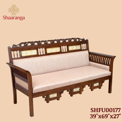 Maharaja Three Seater Sofa in Teakwood with Walnut Finish adorned with Dhokra Brass Frames(39x69x27)