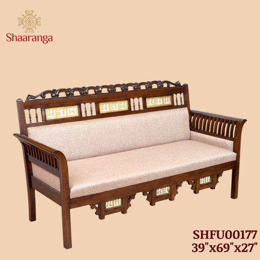 Maharaja Three Seater Sofa in Teakwood with Walnut Finish adorned with Dhokra Brass Frames(39x69x27)