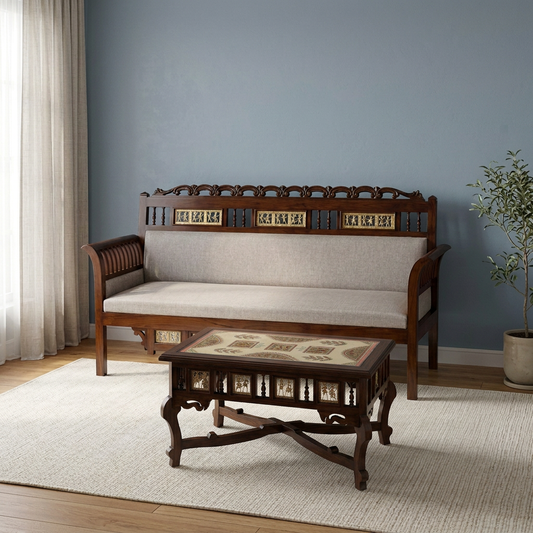 Maharaja Three Seater Sofa in Teakwood with Walnut Finish adorned with Dhokra Brass Frames(39x69x27)