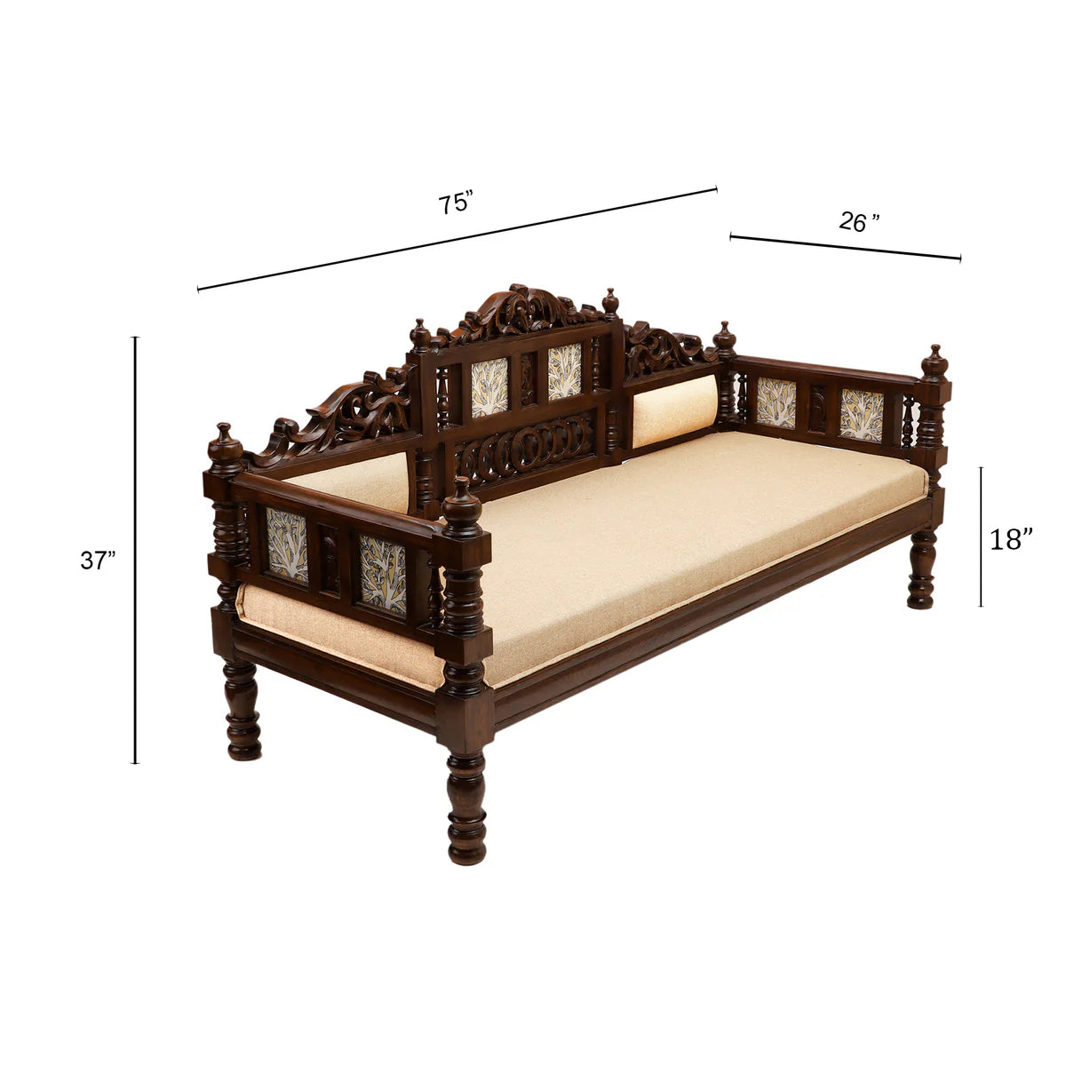 Mauryan Three Seater in Teakwood with Madhubani & Walnut Finish (72x26x37)
