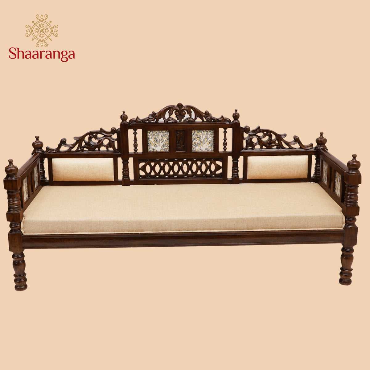 Mauryan Three Seater in Teakwood with Madhubani & Walnut Finish (37x75x26)