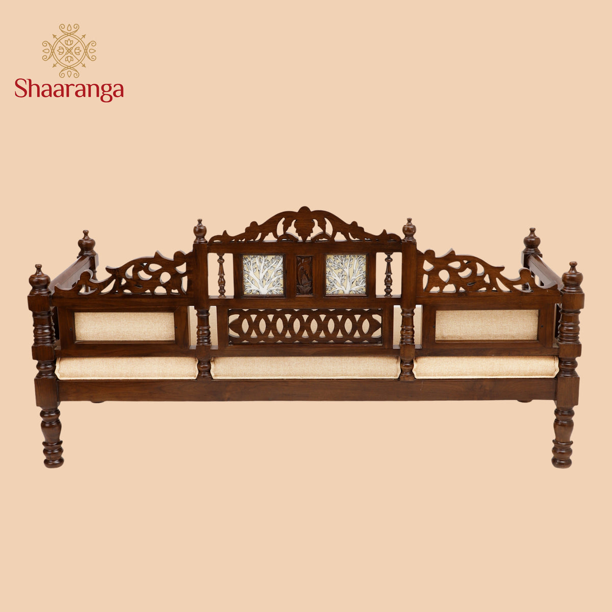 Mauryan Three Seater in Teakwood with Madhubani & Walnut Finish (37x75x26)