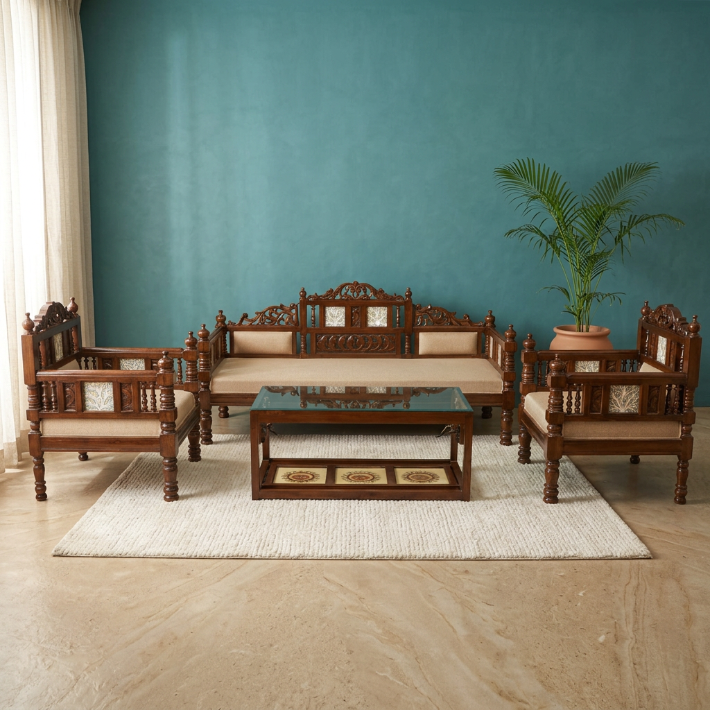 Mauryan Three Seater in Teakwood with Madhubani & Walnut Finish (37x75x26)