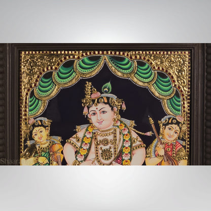 23x19  Inches Krishna with Rukmini and Satyabhama  Tanjore Painting with 22K Gold Work