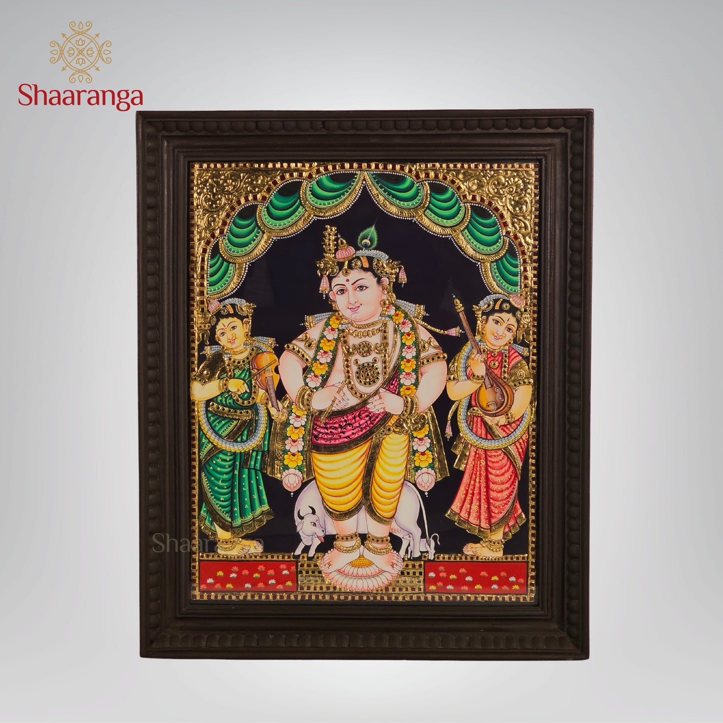23x19  Inches Krishna with Rukmini and Satyabhama  Tanjore Painting with 22K Gold Work