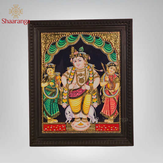 23x19  Inches Krishna with Rukmini and Satyabhama  Tanjore Painting with 22K Gold Work