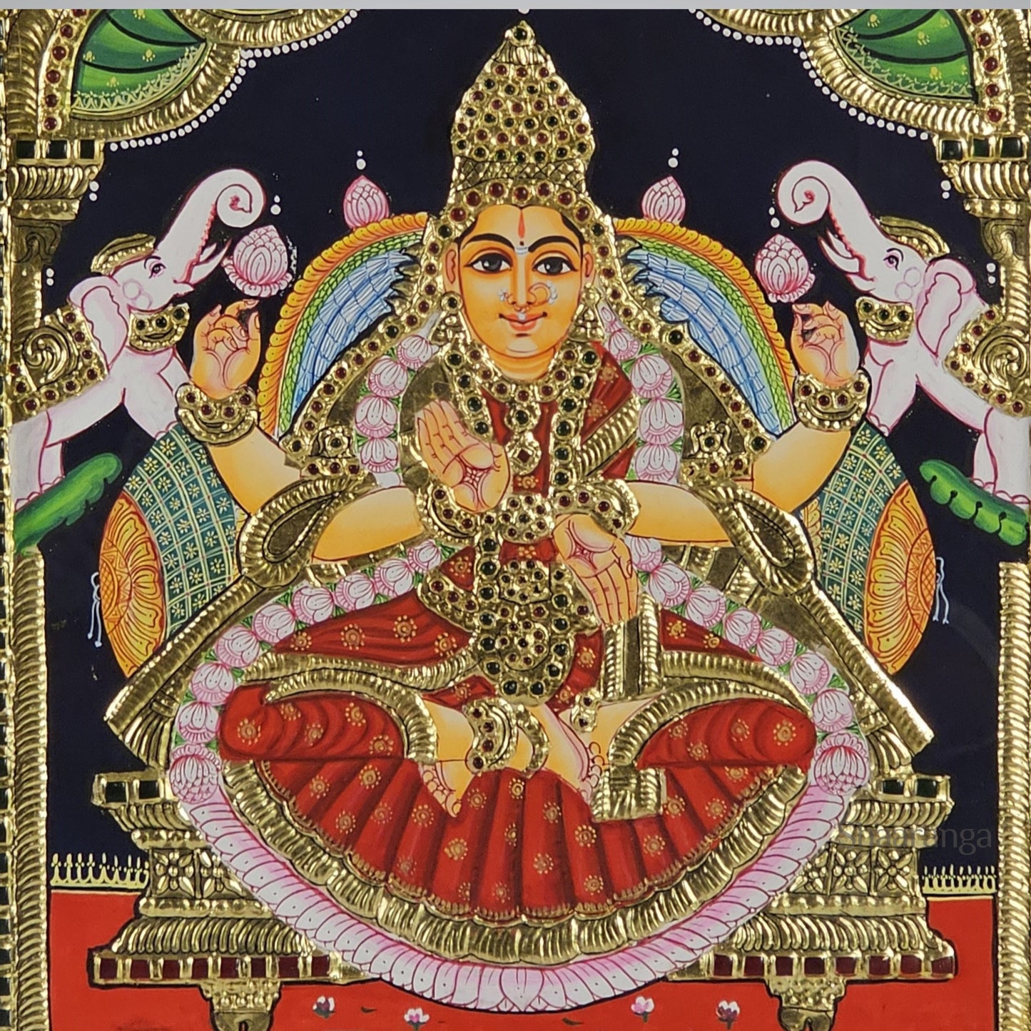 18x15 Inches Gaja Lakshmi Devi Tanjore Painting with 22K Gold Work.
