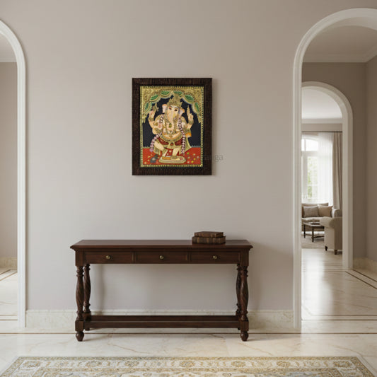 15x13 Inches Ganesha Tanjore Painting with 22K Gold Work.