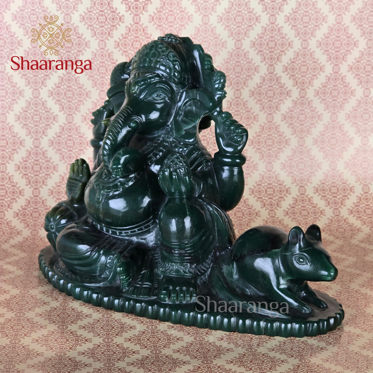 6 Inches Semi Precious Stone Green Ganesha on Rat