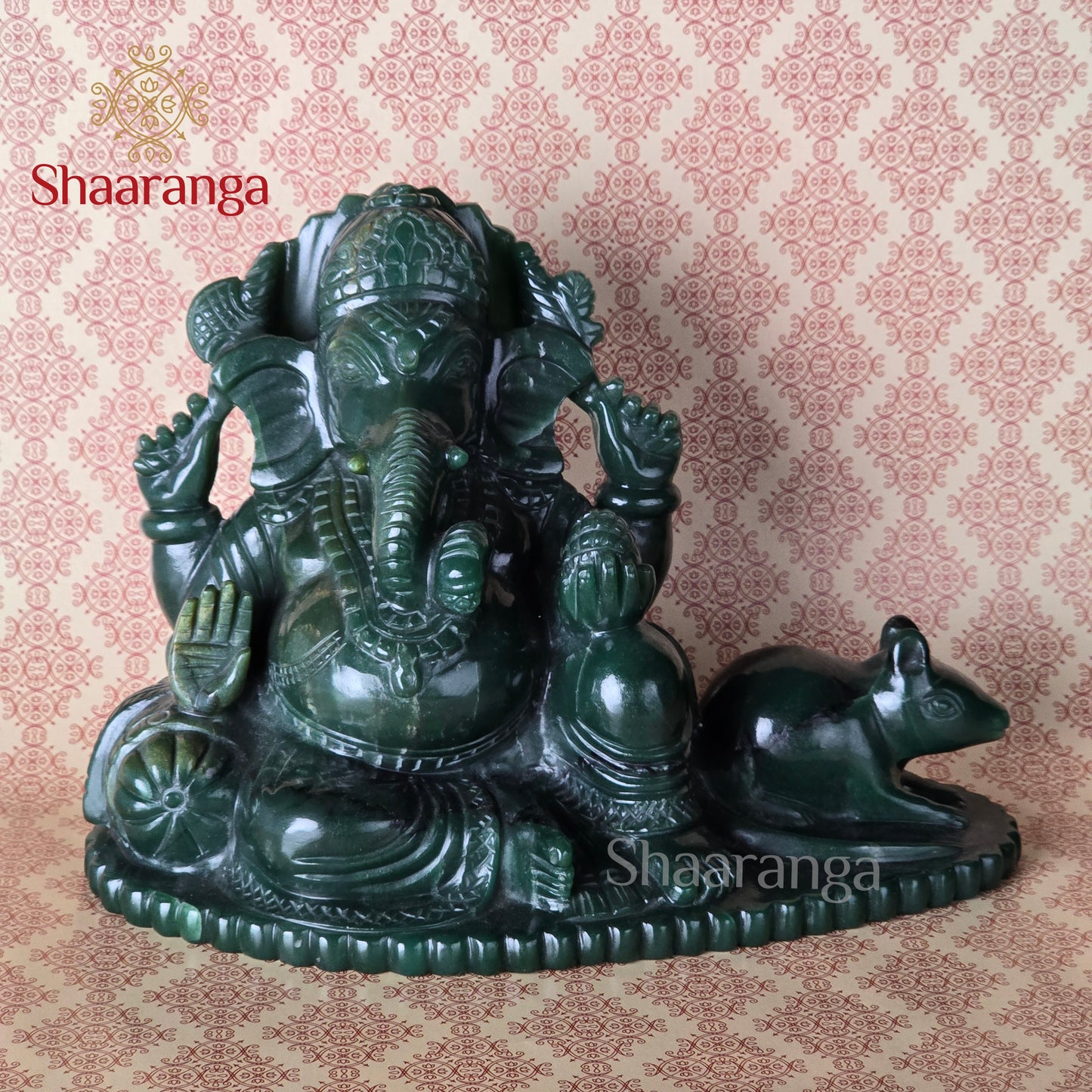 6 Inches Semi Precious Stone Green Ganesha on Rat