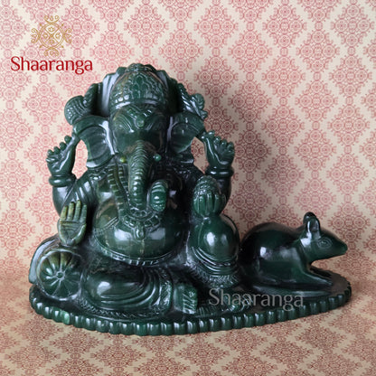 6 Inches Semi Precious Stone Green Ganesha on Rat