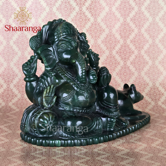 6 Inches Semi Precious Stone Green Ganesha on Rat