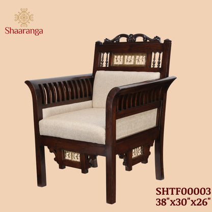 Maharaja Single Seater Sofa in Teakwood with Walnut Finish adorned with Dhokra Brass Frames (38x30x26)