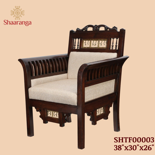 Maharaja Single Seater Sofa in Teakwood with Walnut Finish adorned with Dhokra Brass Frames (38x30x26)