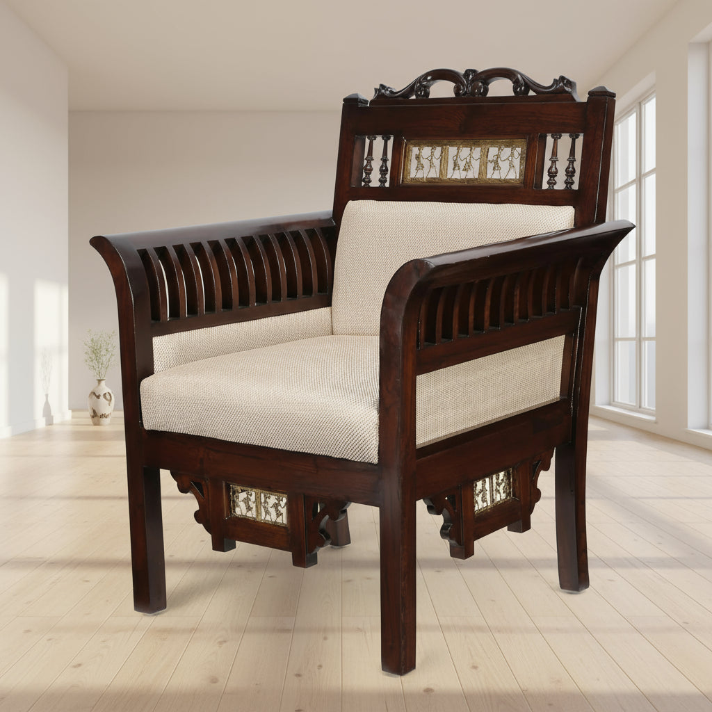 Maharaja Single Seater Sofa in Teakwood with Walnut Finish adorned with Dhokra Brass Frames (30x26x38)