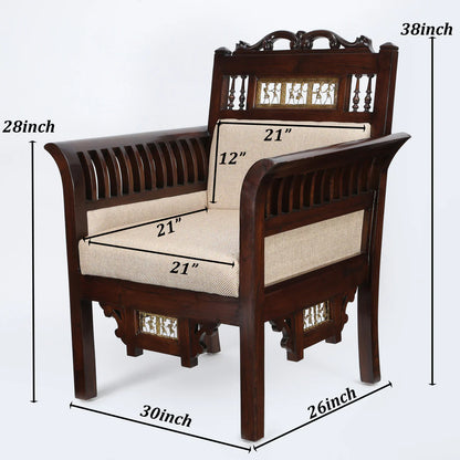 Maharaja Single Seater Sofa in Teakwood with Walnut Finish adorned with Dhokra Brass Frames (30x26x38)