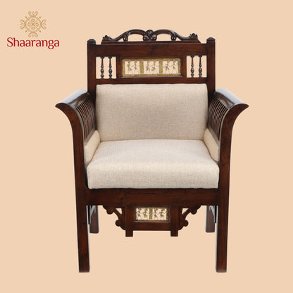 Maharaja Single Seater Sofa in Teakwood with Walnut Finish adorned with Dhokra Brass Frames (38x30x26)